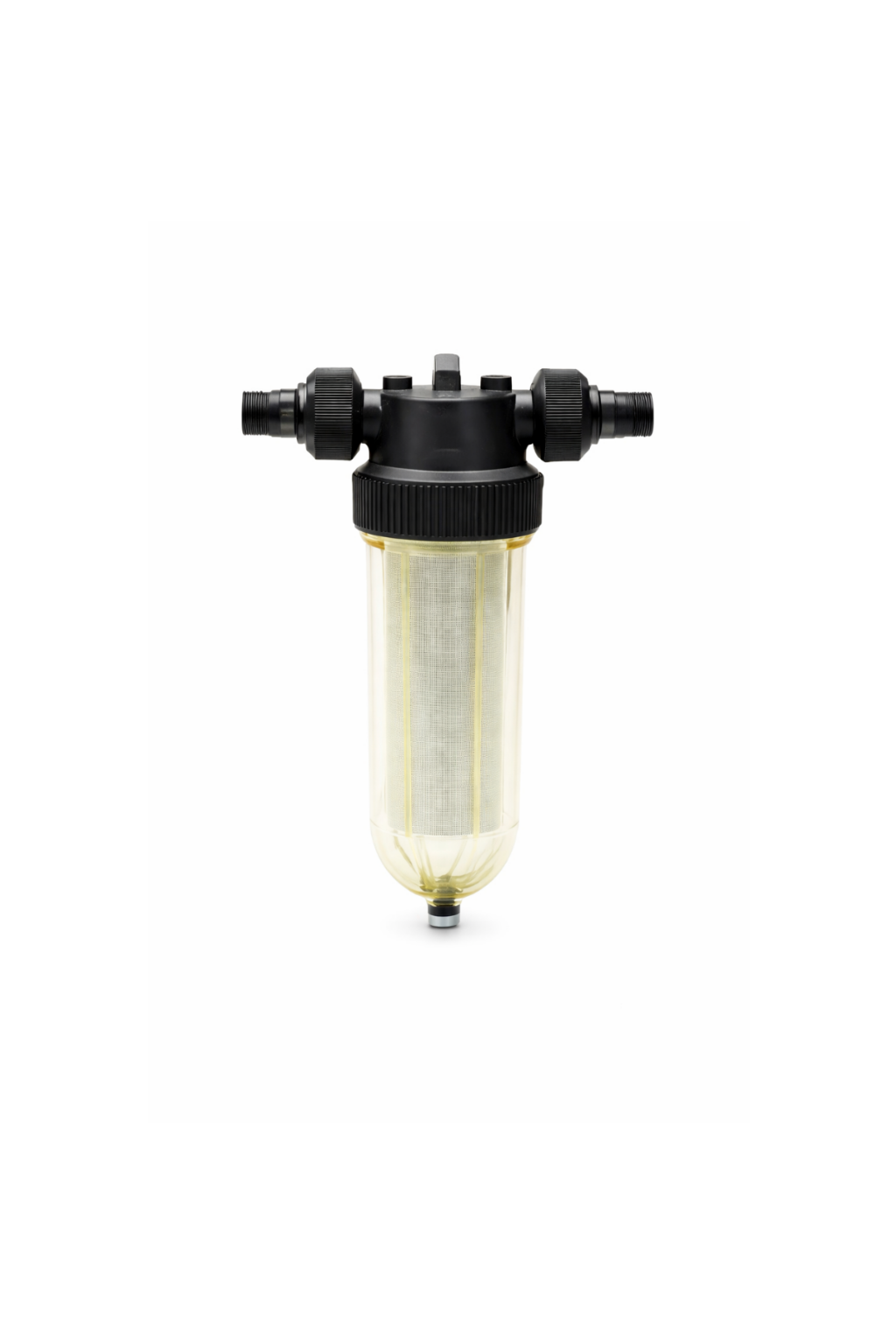 Transparante waterfilter met kunststof behuizing en aansluitingen voor waterontharder of filtratie.