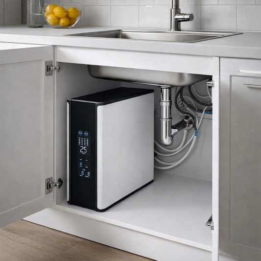 Zwart witte osmose toestel in een witte kast onder een zilverkleurige gootsteen