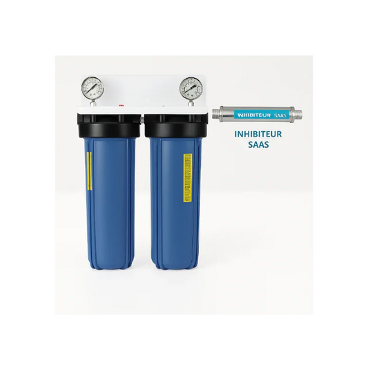 Dubbele waterfilter met drukmeters en kalkinhibitor voor waterontharding en filtratie