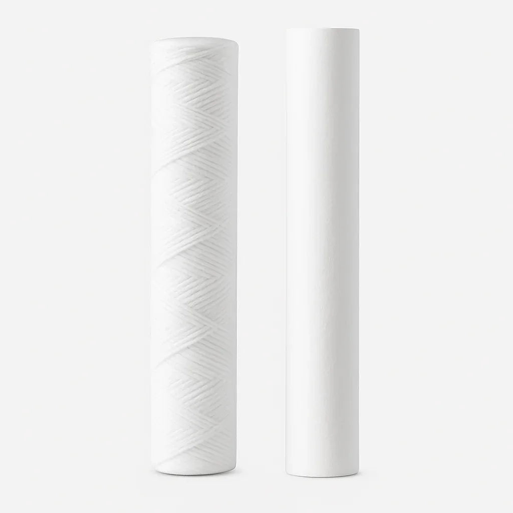 Sedimentfilters voor waterfilter systemen, close-up van twee witte filterpatronen.
