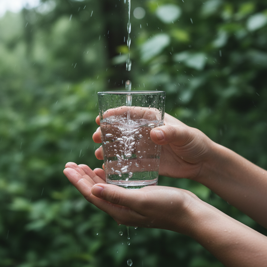 een hand met een drinkglas die gevuld word door regenwater