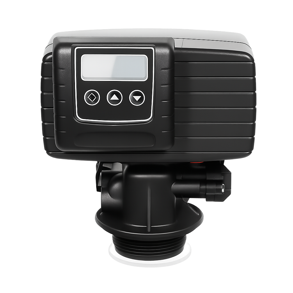 Zwart waterontharder ventiel met digitaal display en bedieningsknoppen op een grijze achtergrond