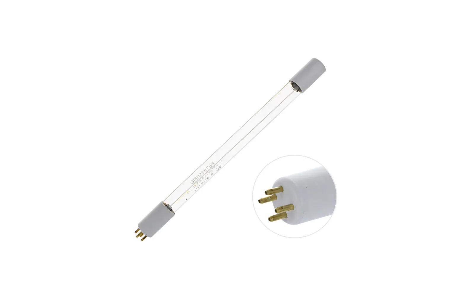 UV lamp voor waterfilter, kwartsglas buis met viervoudige pin aansluiting, detail zichtbaar