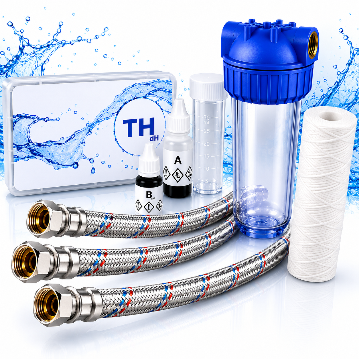 Waterfilterset met TH-dH testkit, filterhuis, slang en vervangingsfilter voor zuiver, kalkvrij water