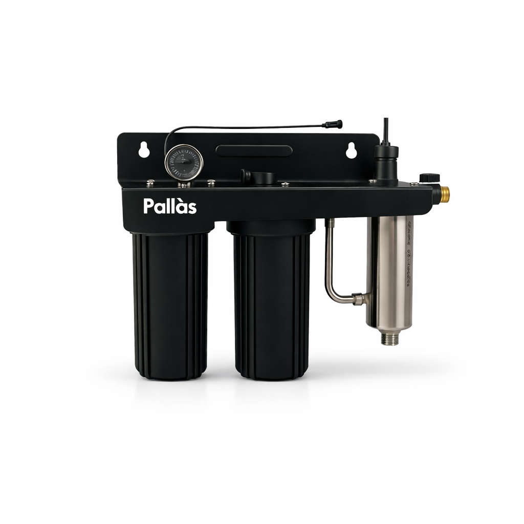 Dubbele waterfilter voor stadswater en regenwater, met manometer en inox behuizing.
