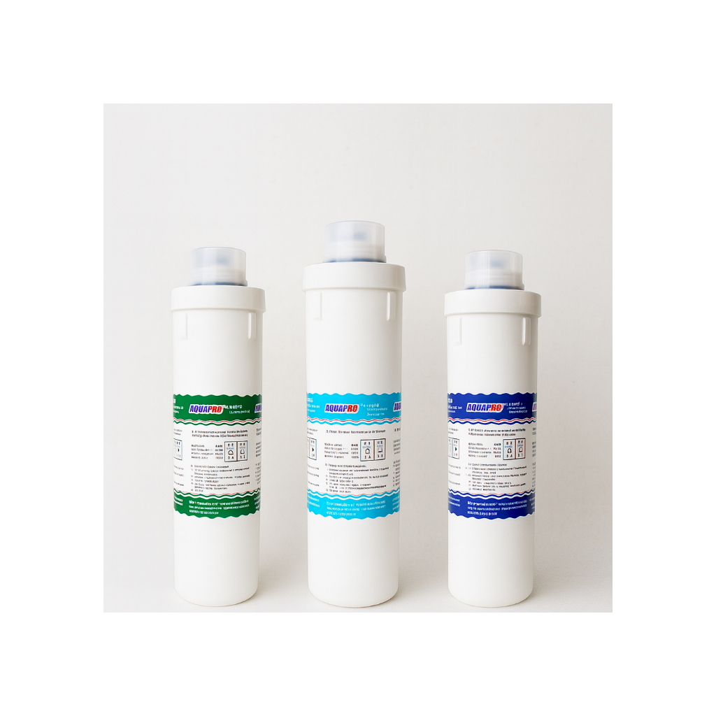 Drie Aquapro waterfilters voor waterontharders en osmose systemen op een witte achtergrond.