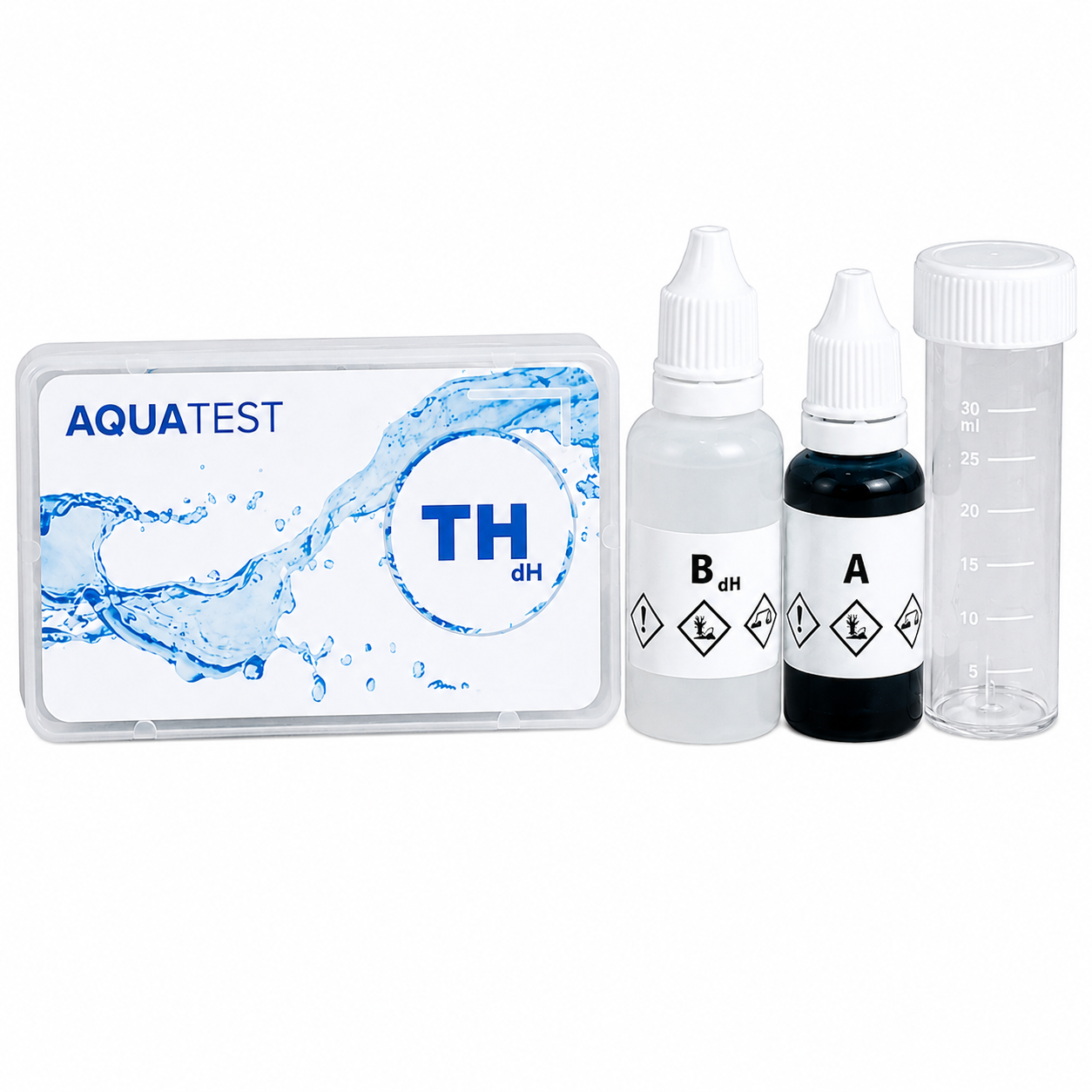 AQUATEST TH dH waterhardheid testkit met reageeroplossingen en meetbuis voor zuiver water