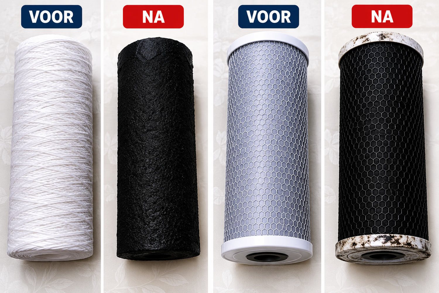 Voor en na vergelijking van waterfiltercartridges: witte en zwarte filters tonen effectiviteit bij waterfiltratie.