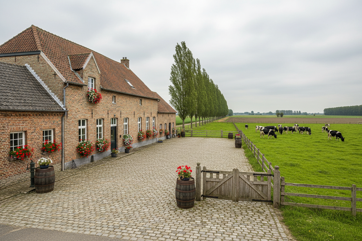 Belgische boerderij met bakstenen huis, bloembakken en koeien in groene weide