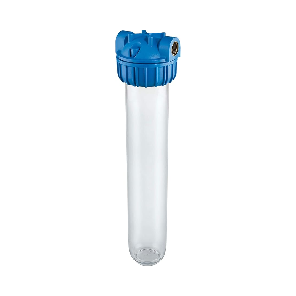 Transparante filterhouder met blauwe dop voor waterfilter of waterontharder