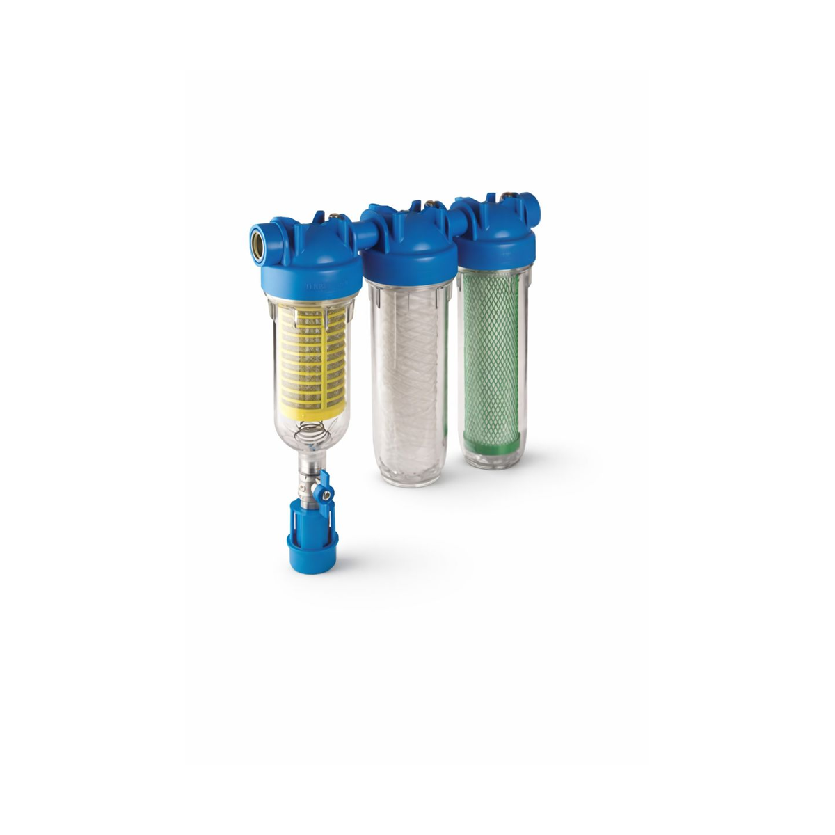 Drievoudig waterfilterhuis met blauwe doppen, geschikt voor waterbehandeling systemen
