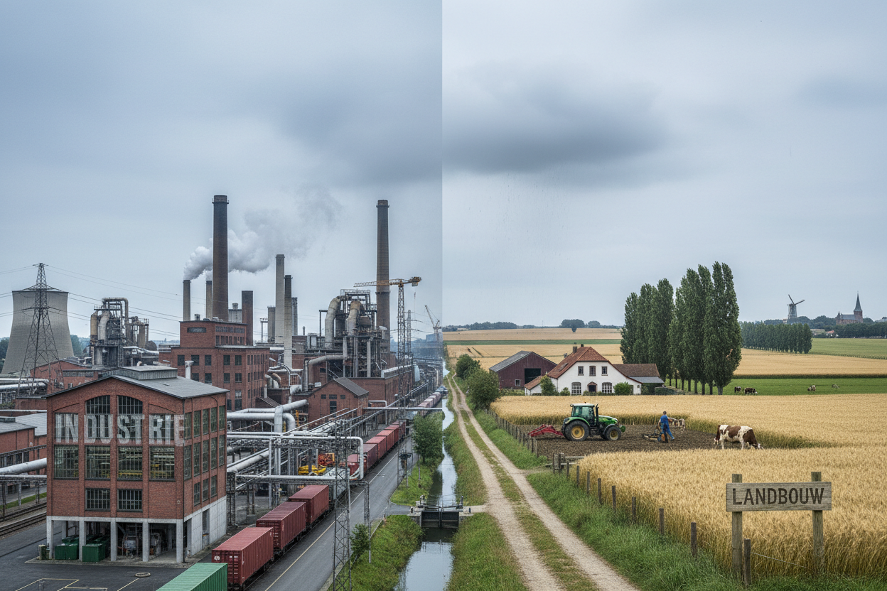Industrie versus landbouw: fabriek met schoorstenen naast rustige boerderij met tractor en koeien