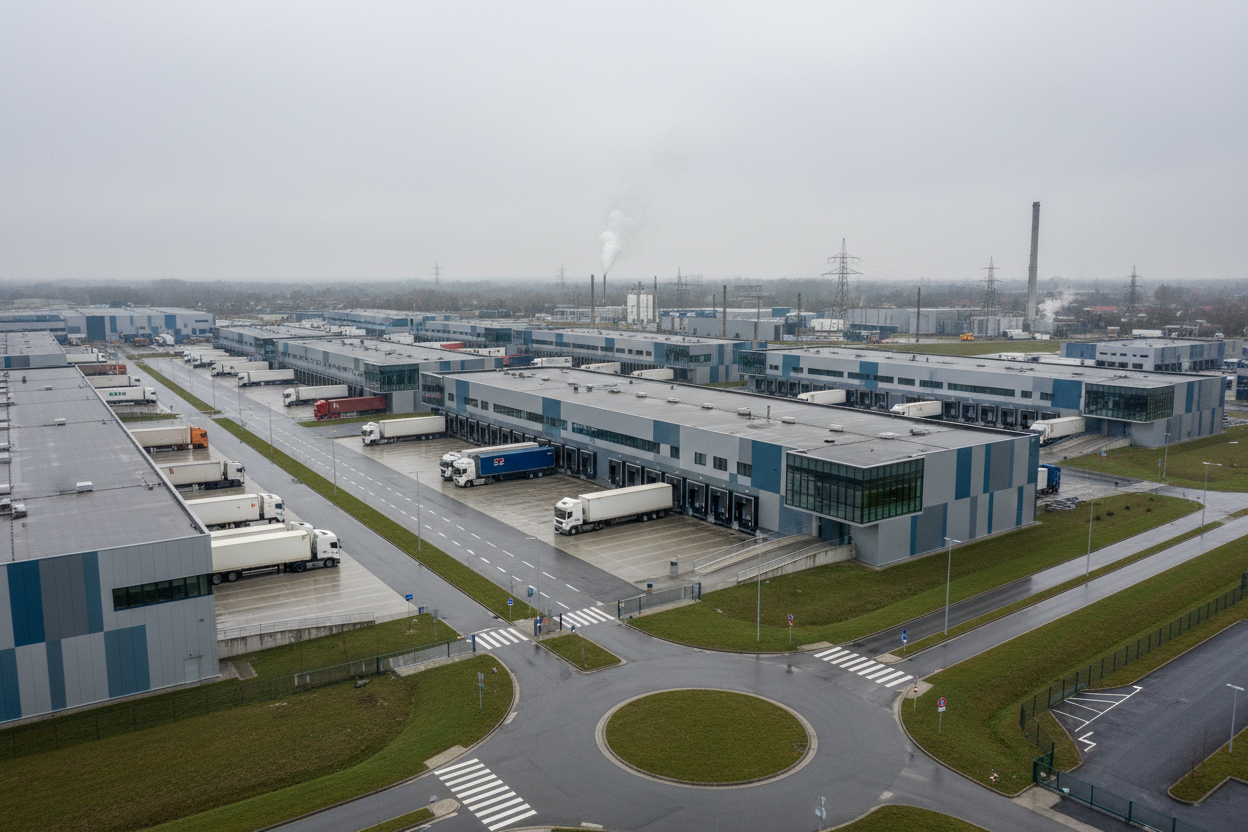 Luchtfoto van Belgische industriezone met magazijnen, vrachtwagens en fabrieksschoorstenen
