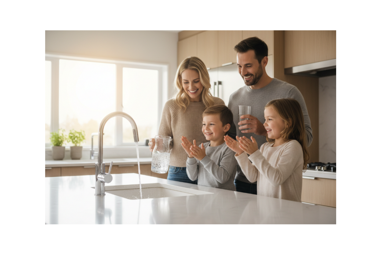 Gezin in moderne keuken, blij rond glanzende waterkraan met kalkvrij zacht water.