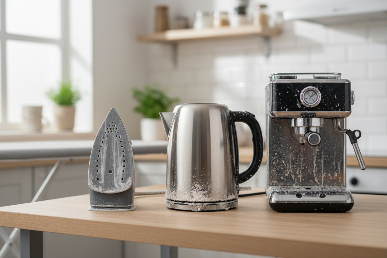 Huishoudelijke apparaten met kalkaanslag, zoals waterkoker, strijkijzer en koffiemachine