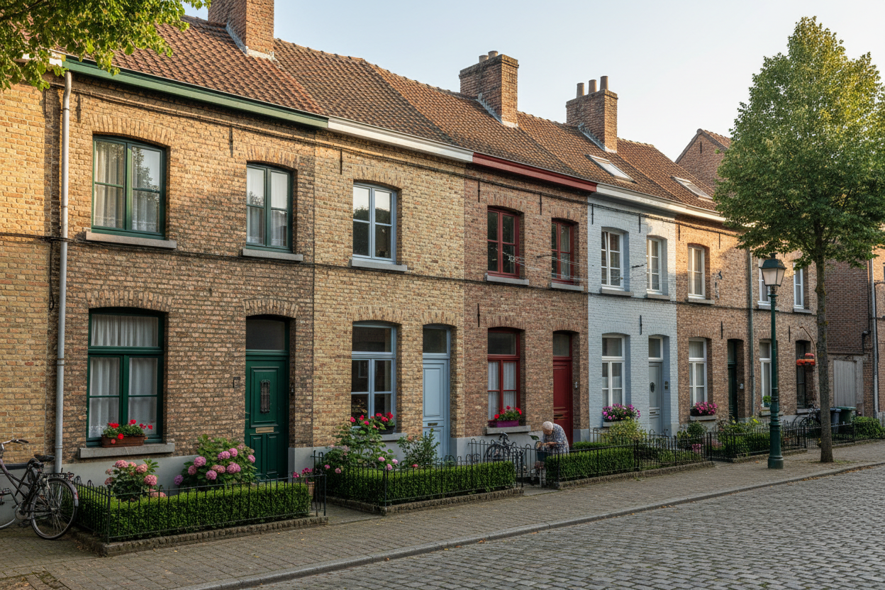 Rij traditionele bakstenen rijhuisjes met bloembakken en groene voortuinen in zonnige straat