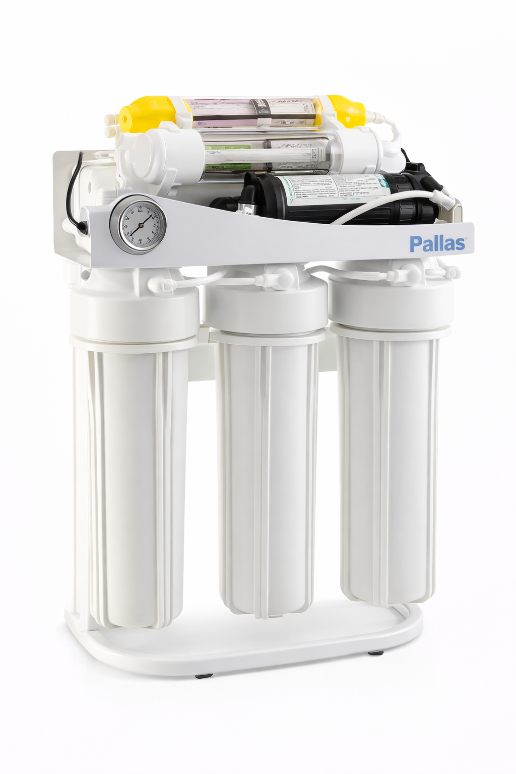 Pallas omgekeerde osmose waterfilter met pomp, meerdere filters en drukmeter, wit ontwerp