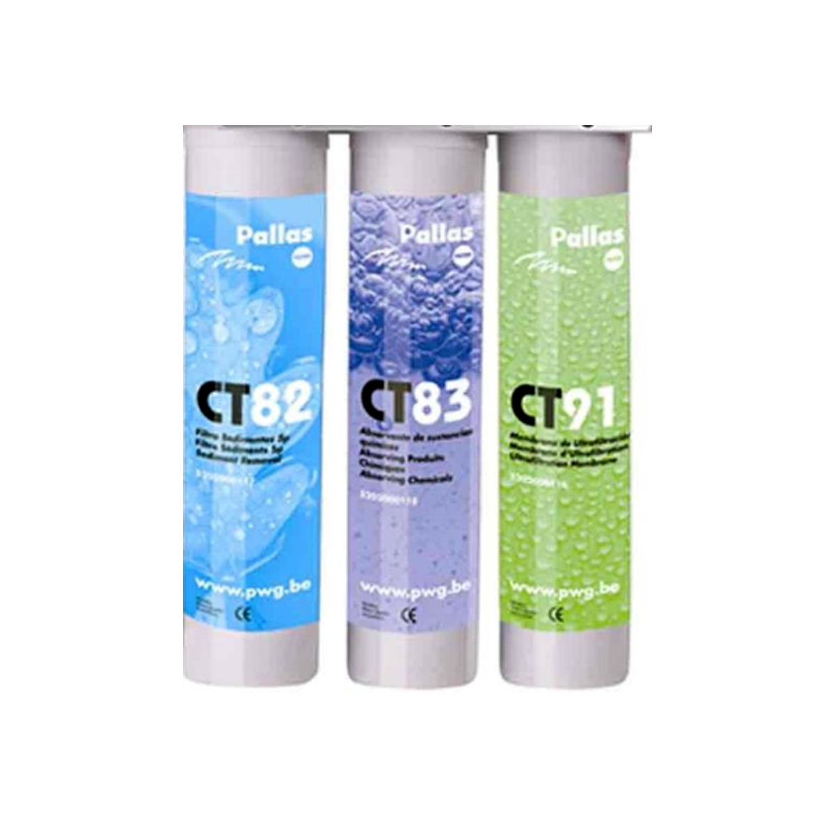 Set van drie waterfilters Pallas CT82, CT83 en CT91 met druppelontwerp, voor waterontharder en filtratie.