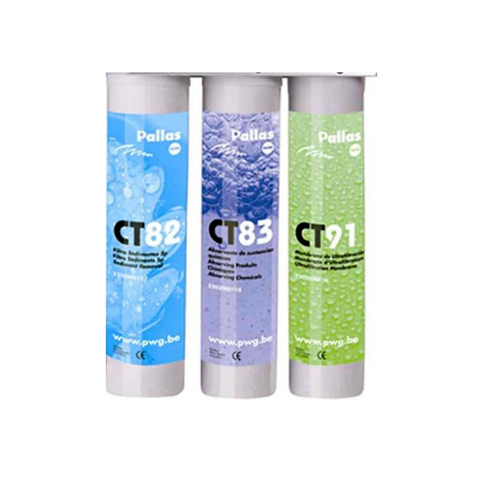 Set van drie waterfilters Pallas CT82, CT83 en CT91 met druppelontwerp, voor waterontharder en filtratie.