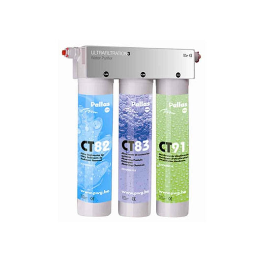 Ultra filtratie systeem voor onder de gootsteen zilverkleurige bevestigingsbeugel met drie filtercartouches blauw, paars, groen. CT82, CT83, CT91