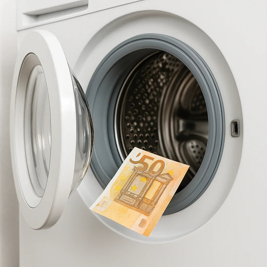 Open wasmachine met 50 euro biljet in de trommel, waterbesparing en huishoudelijke apparaten